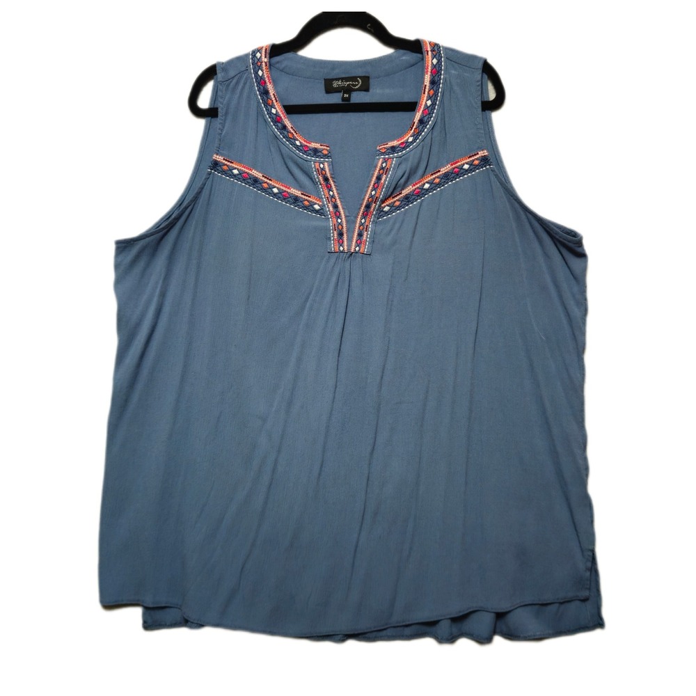 Whispers New York Blue Embroidered Split Neck Sleeveless Boho Top Womens Size 2X